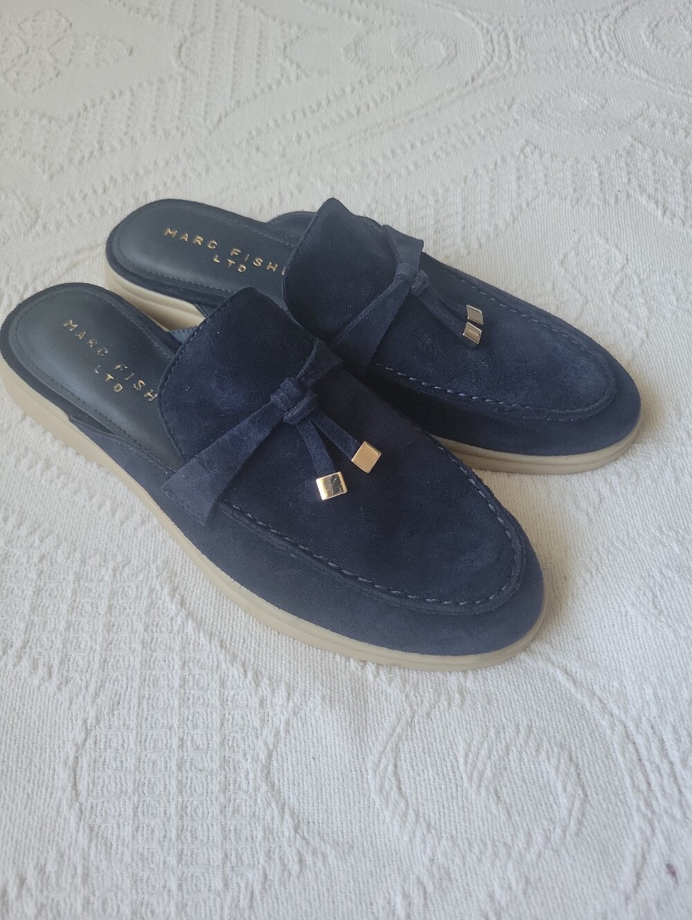 Marc Fisher Navy Suede Tassel Slide Loafers with Gold Accents